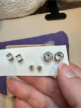 Lia Sophia Crystal Stud Earrings Set 3 Pairs Clear Iridescent Silver Tone